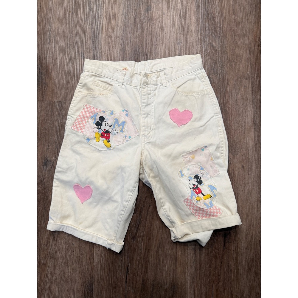 Vintage Mickey Mouse White Jean‎ Shorts Patches Hearts Disneycore Youth